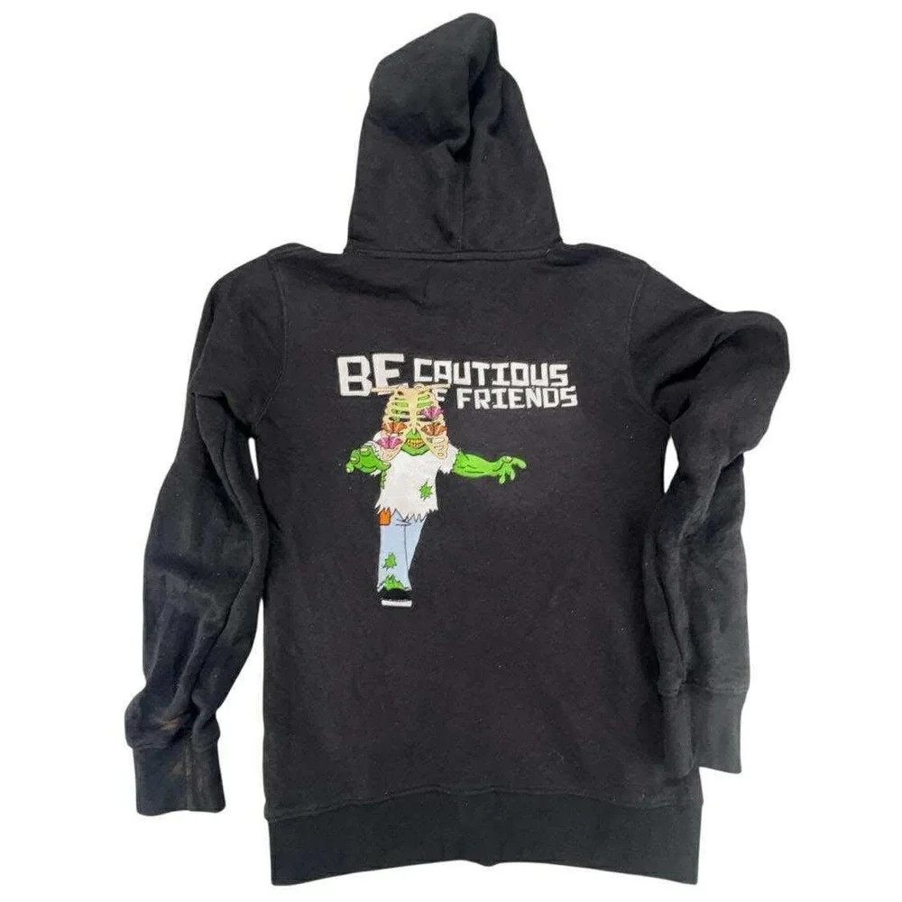 Y2K Be Cautious of Friends Hoodie Pullover Black Graphic Print Lightning Bolt XS